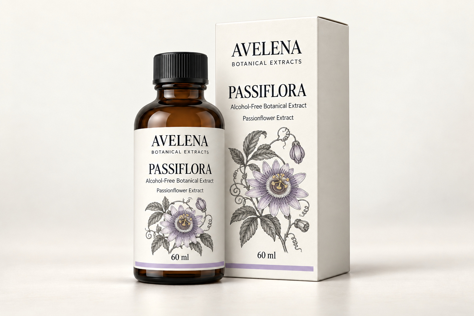 AVELENA Passiflora botanical extract bottle and carton